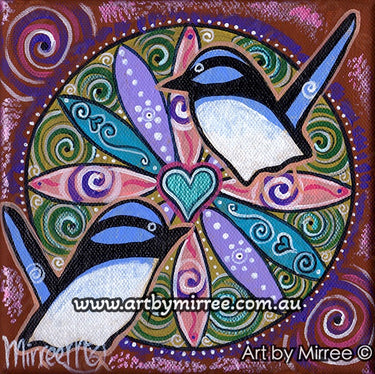 'Confident and Loving Heart Blue Wren Free as a Bird' Original Painting by Mirree Contemporary Dreamtime Animal Dreaming